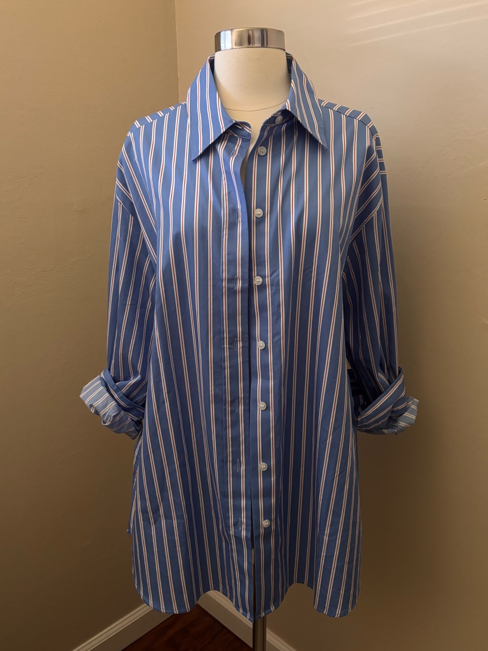 Oversize Blue & White Stripe Women’s Button-Up Shirt